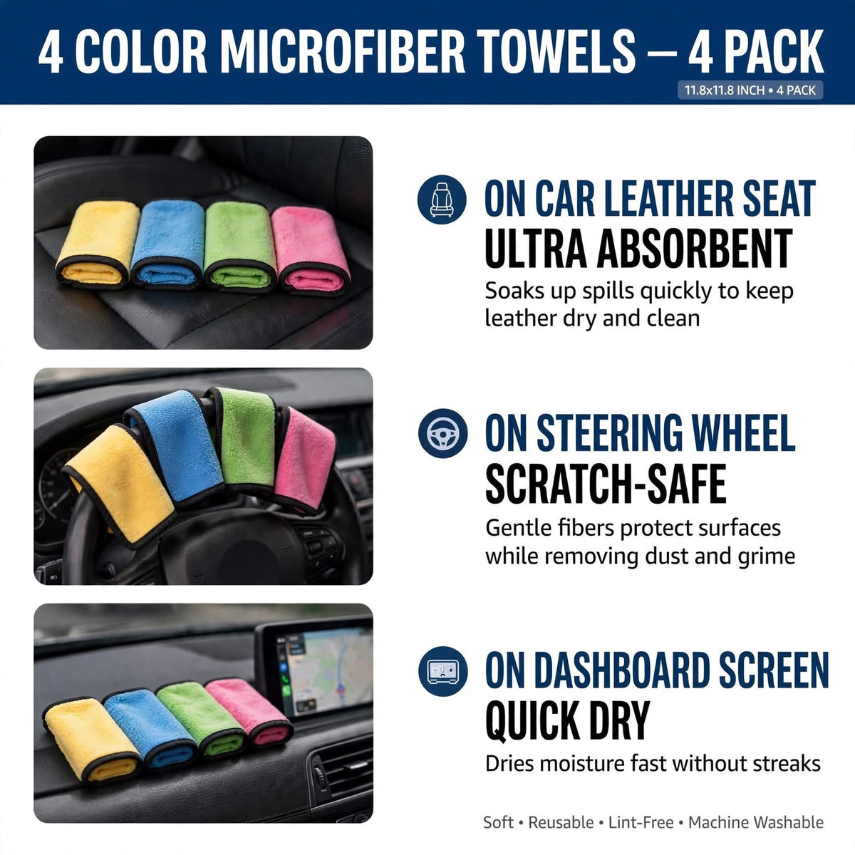 Microfiber Detailing Towels 4 Pack 15x12 500 GSM